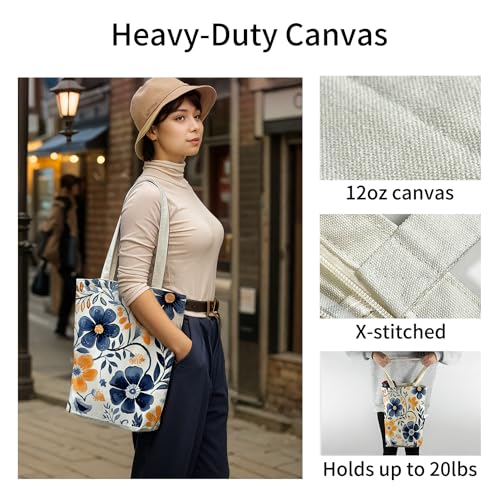 itgowisa Canvas Tote Bag for Women, Tote Bag with Zipper Inner Pocket, Zippered Canvas Bag for Shopping Work Grocery Everyday - style: Floral