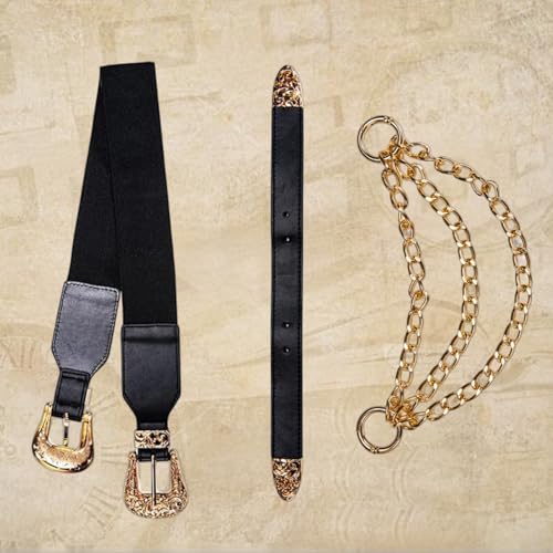Dubulle Womens Belt Chain Leather Belts Vintage Western Adjustable Elastic Double Buckle for Cowboy Pant Dress - color: Black Gold