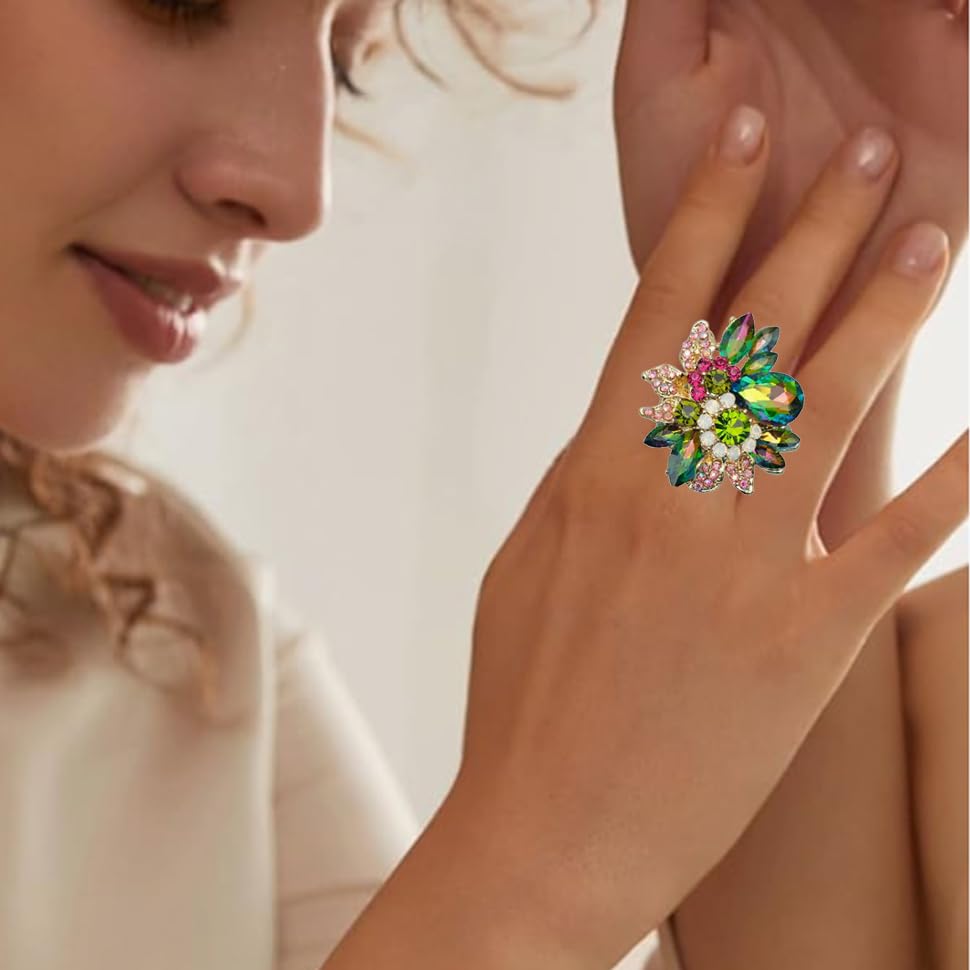 CSY Luxury Women's Austrian Crystal Leaves Flower Big Cocktail Statement Rings Stretch Adjustable Ring Jewelry Accessories - color: magic color