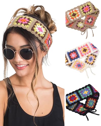 HAIMEIKANG Hippie Hair Bandanas Headbands for Women Boho Headband Knit Hair Bands Floral Head Wrap for Girls(Black+White+Gray) - color: Black+White+Gray