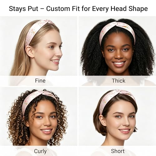 ZLYC Mulberry Silk Headband Elastic Twist Knotted Head Bands for Women's Hair, Floral Light Pink - color: Floral Light Pink