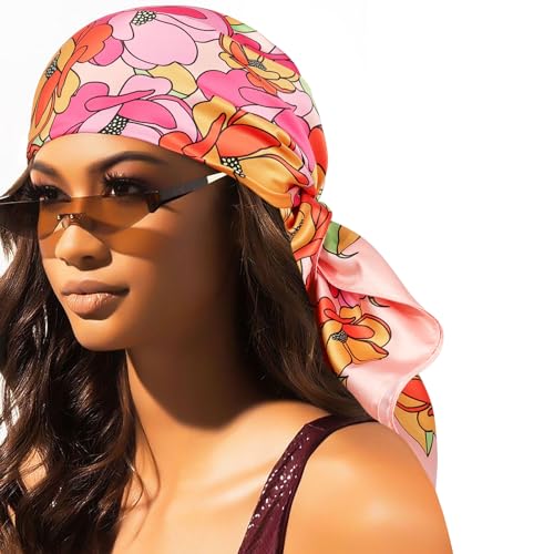 Molans 35" Silk Satin Square Head scarves - 4Pcs Large Scarfs Hair Bandana Head Kerchief Neck Scarf Sleeping Wraps for Women - color: Red/Pink/Yellow/Blue