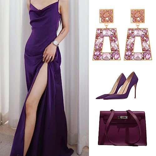 Rhinestone Rectangle Statement Earrings Colorful Crystal Geometric Drop Dangle Earrings for Women Prom Party - color: Purple