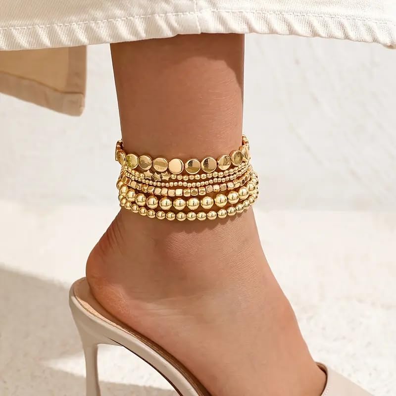 6Pcs Beaded Anklets for Women Elastic Stretch Ankle Bracelets Set Gold Silver Tone Boho Star Disc Charm Foot Jewelry Beach Gift - color: Gold