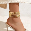 6Pcs Beaded Anklets for Women Elastic Stretch Ankle Bracelets Set Gold Silver Tone Boho Star Disc Charm Foot Jewelry Beach Gift - color: Gold