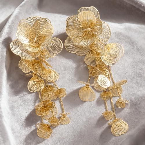 Gold Silver Filigree Floral Dangle Earrings for Women, Long Drop Statement Earrings for Vintage Wedding Jewelry - style: Gold Long Floral Earrings