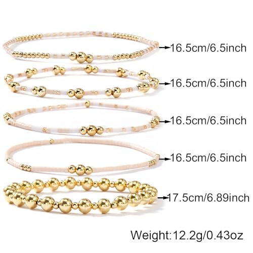14K Gold Beaded Ball Stackable Bracelets for Women,Bohemian Stretch Colorful Seed Beads Bracelet Stack Fashion Holiday Jewelry Gift Friendship - color: Beige