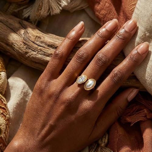 Mchic Adjustable Chunky Rings for Women: Dainty Natural Gemstone Ring Stainless Steel 18K Gold/Silver Plated Band Rings Non Tarnish Waterproof Statement Fashion Jewelry Gift for Women - color: Gold+Mother Pearl+Cubic Zirconia