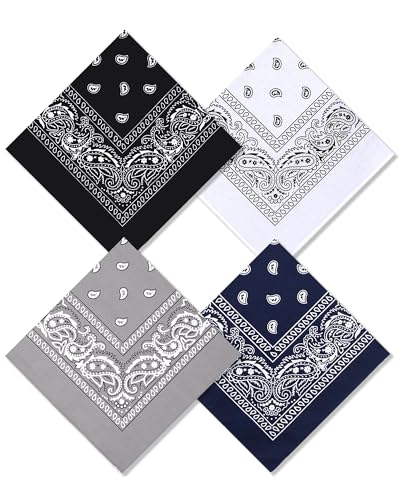 Bycc Bynn Large 27" x 27" 100% Cotton Bandanas - Set of 4 - color: Black+gray+white+navy Blue