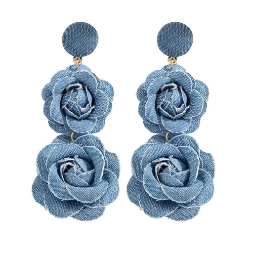 coadipress Boho Denim Camellia Flower Dangle Earrings for Women Exaggerated Big Layered Tiered Blossom Floral Drop Long Earring Chic Statement Earrings Wedding Bridal Jewelry Gifts - style: 2 Flowers Light Blue
