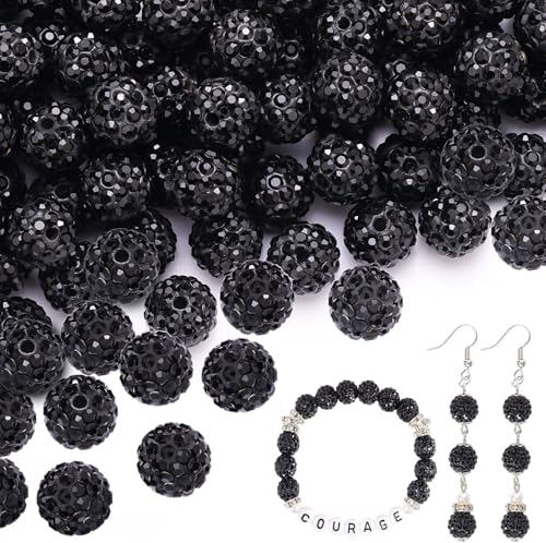 100 pcs 10mm Rhinestone Beads for Jewelry Making, Black Shiny Round Shamballa Disco Beads Bulk, Sparkle Crystal Clay Christmas for Bracelet Baseball Necklace Earring Crafting and DIY - color: Black, size: 10mm/100pcs
