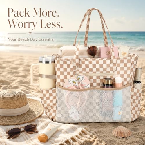 Bluboon Waterproof Beach Tote Pool Bags for Women Ladies Extra Large Carry On Bag With Wet Compartment for Weekender Travel - color: Dark Brown Checkered