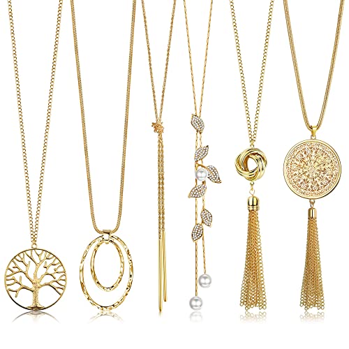 6Pcs Long Necklaces for Women Tassel Pendant Necklace Circle Knot Bar Feather Leaf Sweater Necklace Statement Necklace for Women - color: GOLD-A