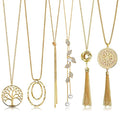 6Pcs Long Necklaces for Women Tassel Pendant Necklace Circle Knot Bar Feather Leaf Sweater Necklace Statement Necklace for Women - color: GOLD-A