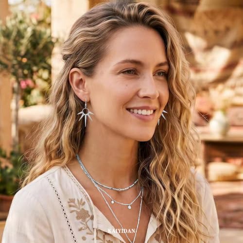 Silver Dangle Earrings For Women Trendy,Boho Cute Drop Western Earings,Vintage Gothic Ethnic Statement Beach Vacation Long Earrings with Leaf Teardrop Turquoise Crystal Tassels,Fashion Jewelry Birthday Gift. - color: A60) Silver Gear Shaped Dangle