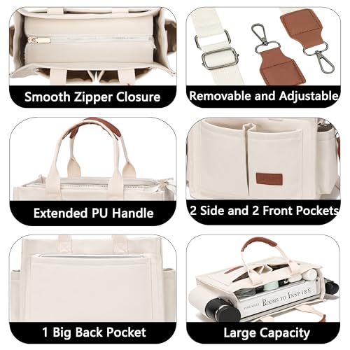 ZHMO Canvas Tote Bag for Women,Women's Bags Crossbody Bags Work Laptop Tote Bag Large Handbags Purse for Travel Nurse Teacher - color: New Upgrade White With Compartments and Side Cup Holders