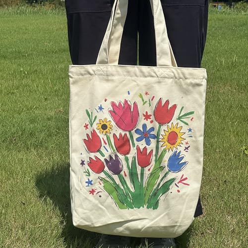 Canvas Tote Bag with Zipper for Women, Aesthetic Tote Bag with Pocket for Vacation, Shopping, Travel, Beach - style: Flowers