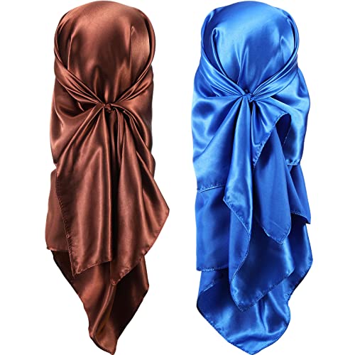 SATINIOR 35 Inch Silky Head Scarf 2 Pcs Large Square Neck Scarf Sleeping Hair Wrapping Satin Bandana for Women - color: Royal Blue, Brown, style: Classic