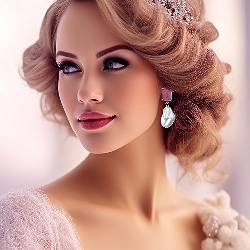 Fashion Pearl Drop Earrings for Women With Crystal - Rhinestone Statement Earrings with Pearl Dangling Studs - Large White Baroque Pearl Earrings for Bridesmaid Wedding Party Birthday Holiday - color: Pink