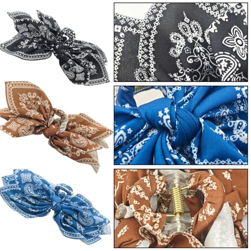 3 Pack Extra Large Boho Paisley Bandana Bow Knot Claw Clips Non Slip Hair Claws for Thick Hair Fashion Hair Accessories Gift for Women Teen Girls - color: Blue + Brown + Black