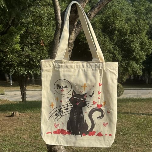 Canvas Tote Bag with Zipper for Women, Aesthetic Tote Bag with Pocket for Vacation, Shopping, Travel, Beach - style: Cat Music-01