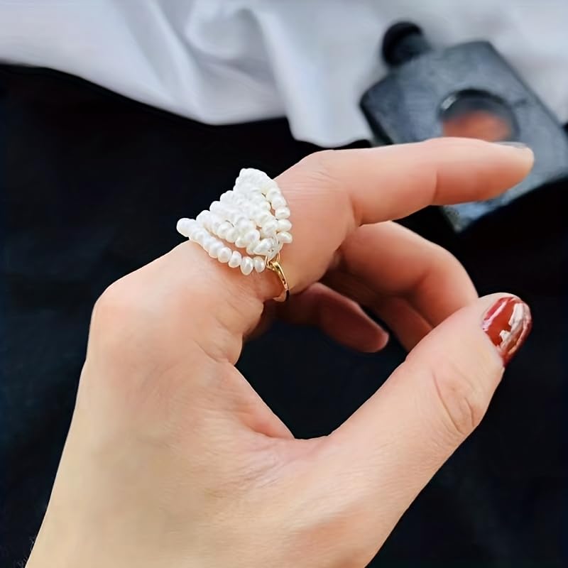 ZFAIRY 18K Gold Natural Freshwater Pearl Ring, Multi-Layer Baroque Rice Pearl Design, Hand-Woven Adjustable Statement Ring for Men and Women