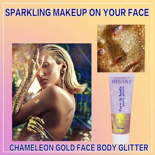 MEICOLY Chameleon Gold Body Glitter,Mardi Gras Outfit for Women,Color Changing Face Glitter,Self-Adhesive Chunky Hair Glitter Face Paint,Holographic Glitter for Festival Party Costume Makeup - color: chameleon gold body glitter