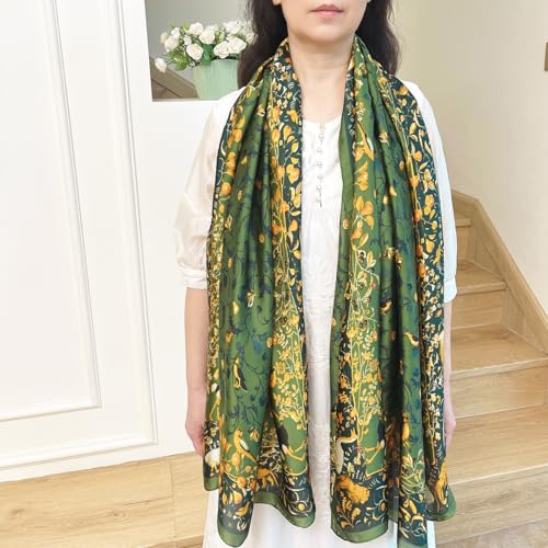 Long Silk Like Scarf Lightweight Satin Scarves Large Sunscreen Shawl Wrap for Women - color: 001.birds and Flowers Green