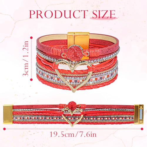 Leather Wrap Bracelet for Women, Boho Cuff Bracelet with Strong Clasp, Multi-Layer Crystal Leather Bracelet for Valentine Mother's Day - color: 01-Heart-Red