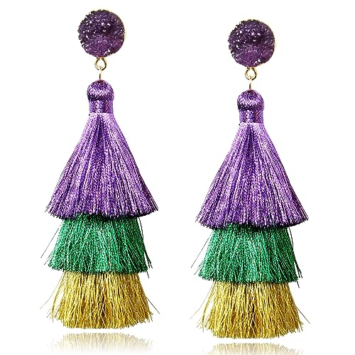 Me&Hz Colorful Layered Tassel Earrings Bohemian Statement Tiered Tassel Big Dangle Drop Earrings for Women Druzy Studs Valentine’s Day Gift - color: Mardi Gras