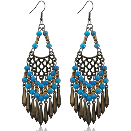 Handmade Vintage Bronze Bohemian Long Tassel Colorful Bead Dangle Drop Earrings Big Tribal Chandelier Geometry Hook Earrings for Women Statement Jewelry Gifts - color: Lake Blue