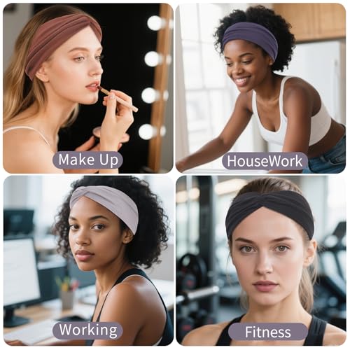 12 Pcs Stretchy Headbands for Women, Absorbed Sport Headband Soft Twist Knotted Hairbands for Daily Life Yoga Workout(Black/Dark blue/Brown/Grey) - color: Black/Dark blue/Brown/Grey