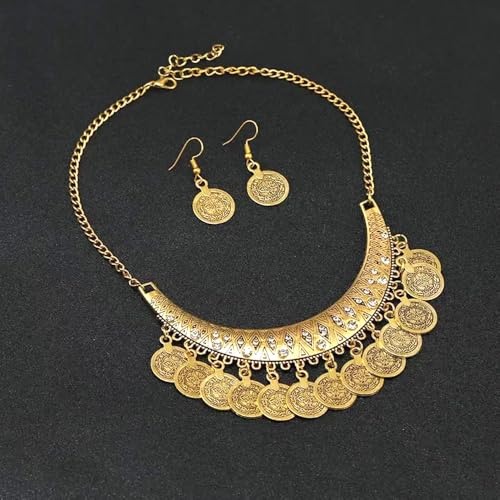 FUTIMELY Chunky Coin Necklace Earrings Set,Bohemia Plated Gold Coin Tassel Personalized Choker Earrings,Ethnic Gypsy Statement Jewelry Set for Women - color: Gold