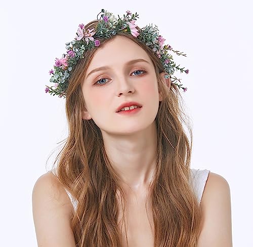 Vivivalue Wedding Floral Crown Adjustable Flower Headband Hair Wreath Floral Headpiece Halo Boho with Ribbon Party Prom Festival Photos - color: 3