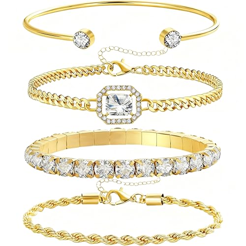 Alegend Titanium Steel (Not Rust, Resist Corruption, Easily Clean) 18K Gold Plated Single Bracelets + 14K Gold Plated Stackable Multilayer Bracelets - style: 14KGold + 4PCS H