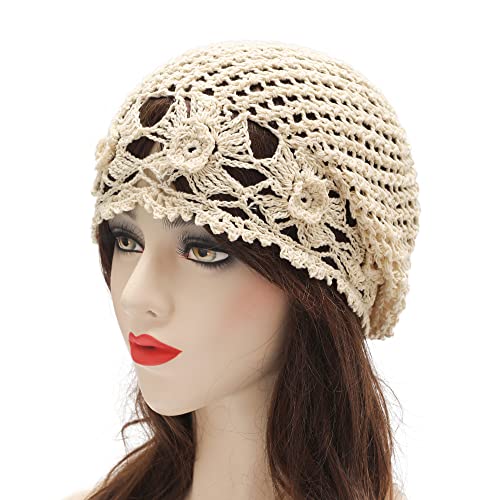 ZLYC Women Cotton Crochet Slouchy Beanie Hat Handmade Knit Summer Skull Cap - color: Flowers Beige