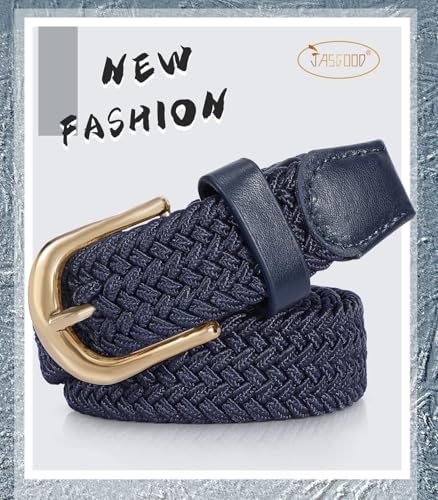 JASGOOD 2 Pack Braided Belts for Women, 1'' Narrow Width Elastic Woven Stretch Fabric Cloth Belts with Gold Buckle - color: C-black+blue, size: Fit Size 25"-28"