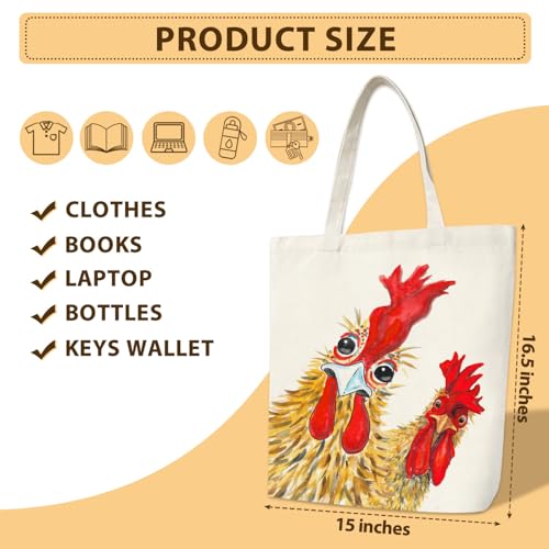Inspirational Gifts Rooster Canvas Tote Bag for Women, Chicken Aesthetic Washable Reusable Grocery Bags for Women Lady Casual Vacation Gym Work Shopping -02
