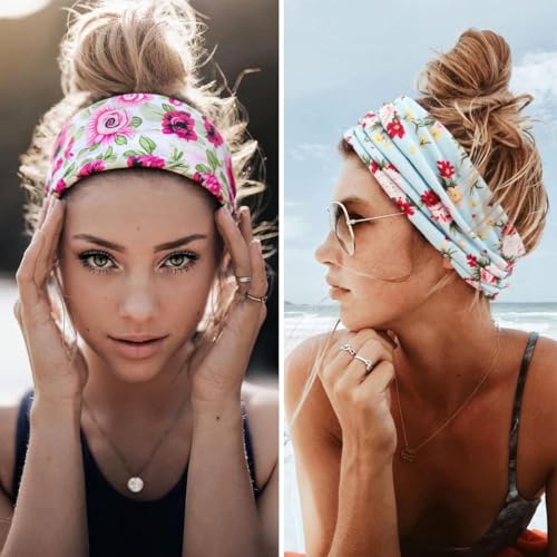 Boho Headband Fashion Wide Headband Knoted Turban Yoga Workout Head Bands Hair Accessories For Women (flower2, Pack of 2) - color: flower2, size: 1 Count (Pack of 2)