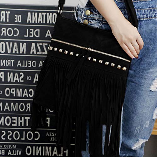Hoce Women’s Leather Fringe Messenger Bag Large Hobo Crossbody Tassel Shoulder Bags, Gift for Mom Wife Girlfriend - color: E-black