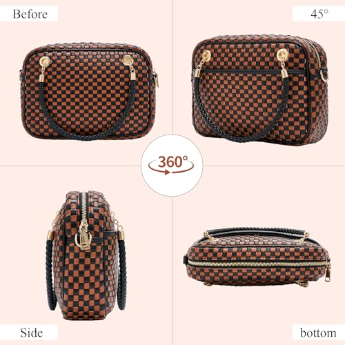 Chic Woven Crossbody Camera Bag, Soft Vegan Leather Purse with Designer Look & Braided Handle - color: Black and Brown Checkered