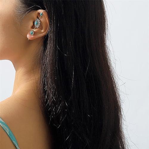 Turquoise Ear Wrap Crawler Hook Stud Earrings for Women Girls Silver Plated Blue Birthstone Flower Long Bar Piercing Ear Cuffs Boho Statement Earrings Bohemian Indian Bollywood Wedding Birthday Christmas Jewelry Gifts - style: Daisy