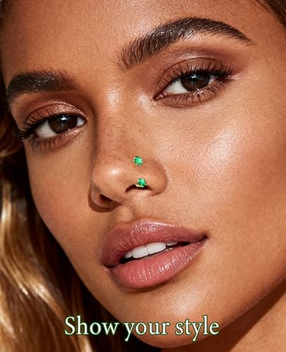 Opal Nose Ring Studs Horseshoe Nose Rings Hoops Stud 316L Stainless Steel Nose Rings Round CZ Square Screw L Shaped Nose Stud Hypoallergenic Nostril Piercing Jewelry for Women Men - color: Gold/3.0mm Green gem/20gauge