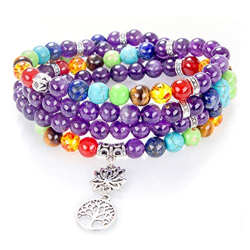 108 Mala Beads Necklace 7 Chakra Buddhist Prayer Beaded Bracelet Tree of Life Pendant Stone Yoga Necklace - color: Amethyst-Lotus-Tree