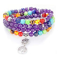108 Mala Beads Necklace 7 Chakra Buddhist Prayer Beaded Bracelet Tree of Life Pendant Stone Yoga Necklace - color: Amethyst-Lotus-Tree