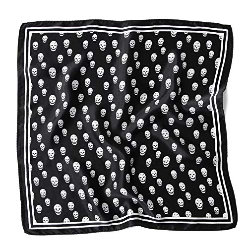 ANDANTINO 100% Mulberry Silk Scarf -21” Square Neckerchief with Gift Packed - color: Black&white Skulls