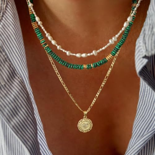 KissYan Boho Beaded Choker Necklace for Women, Gemstone Choker Natural Stone Freshwater Pearl Surfer Necklaces 14K Gold Plated Summer Beach Handmade Jewelry - color: Q-Malachite