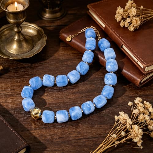Chunky Colorful Beaded Necklaces for Women Big Bead Boho Choker Necklace Trendy Heart Statement Necklace Summer Beach Jewelry Mothers Day Gifts for Mom Daughter - color: Sky-blue Square Beads