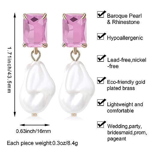 Fashion Pearl Drop Earrings for Women With Crystal - Rhinestone Statement Earrings with Pearl Dangling Studs - Large White Baroque Pearl Earrings for Bridesmaid Wedding Party Birthday Holiday - color: Pink