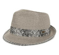 Funky Junque Straw Fedora Hats for Women - UPF 50+ Sun Hat, Short Brim Packable Beach Hat with Woven Pattern - color: Light Grey